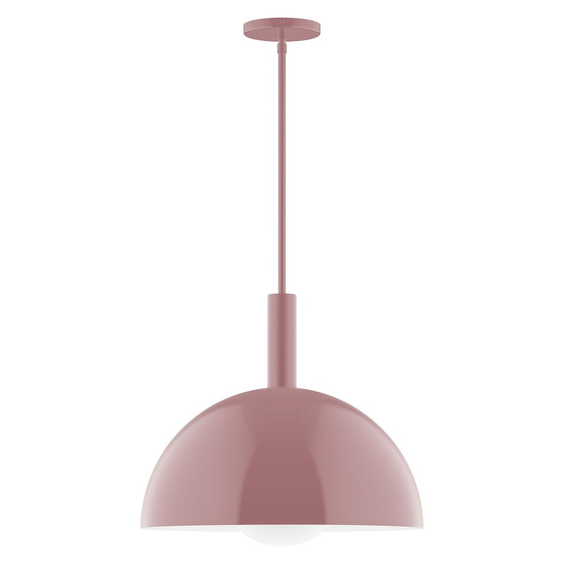 Mauve glass globe stem pendant with flared metal canopy and 18 inch drop