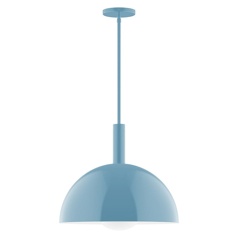 Light blue glass globe pendant with stem and round ceiling canopy