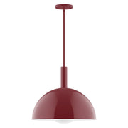Barn red stem-hung pendant with domed glass globe and flat canopy
