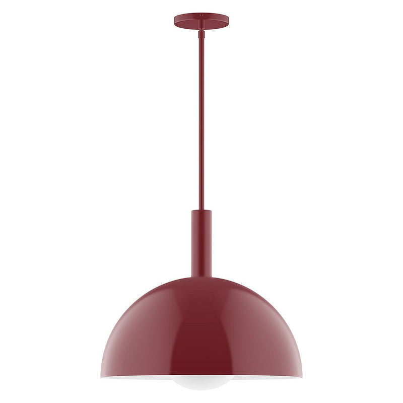 Barn red stem-hung pendant with domed glass globe and flat canopy