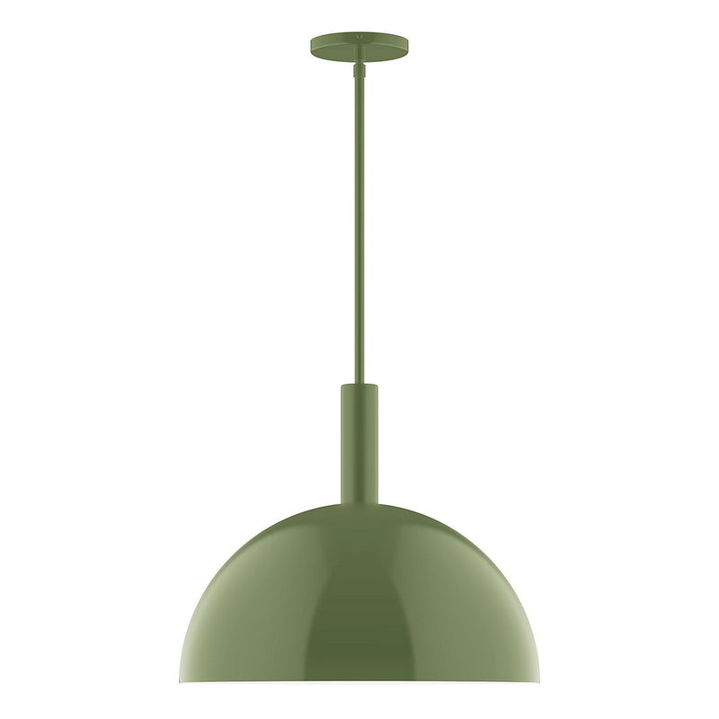 Fern green stem-hung LED pendant with domed glass shade and ceiling canopy.