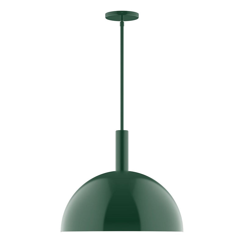 Forest green LED stem-hung pendant with round dome shade and straight metal stem