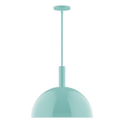 Sea green dome stem-hung pendant light with round shade and ceiling canopy.