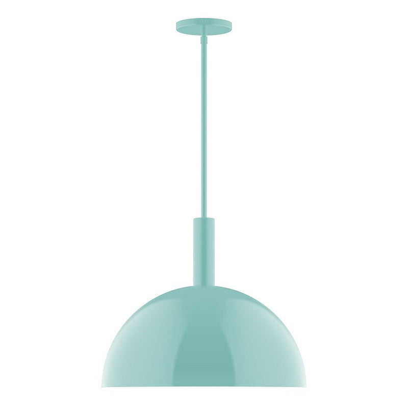 Sea green dome stem-hung pendant light with round shade and ceiling canopy.