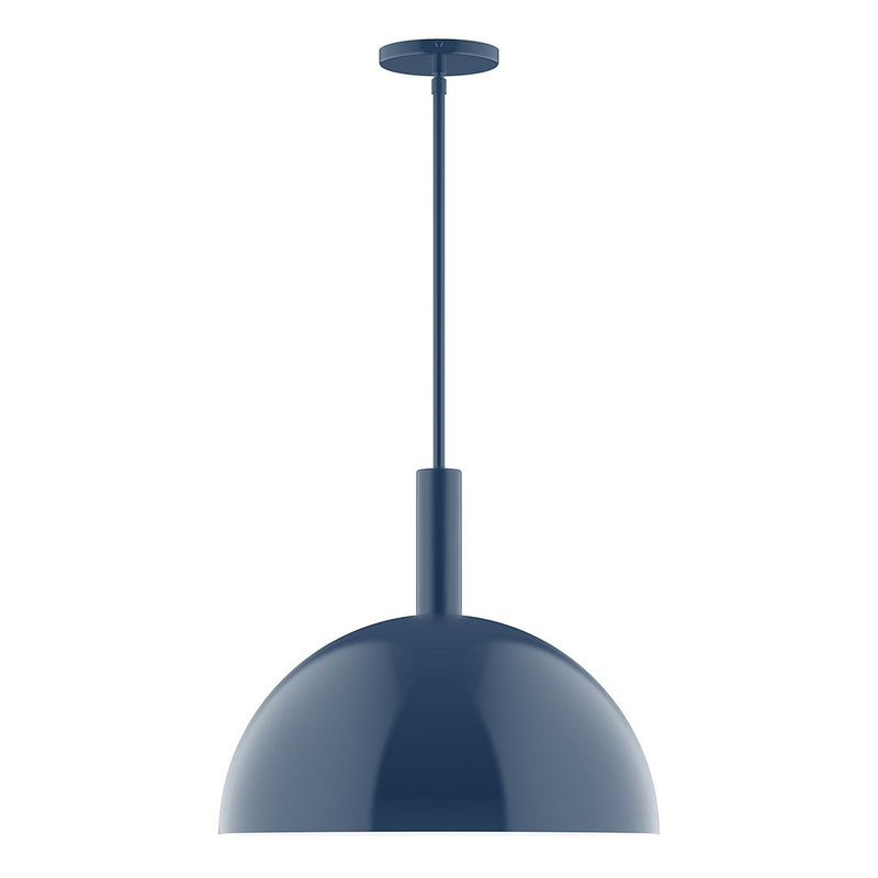 Navy LED stem-hung pendant with domed shade and round ceiling canopy