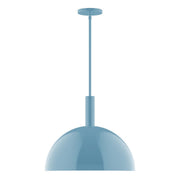 Light blue stem-hung pendant with round dome shade and ceiling canopy