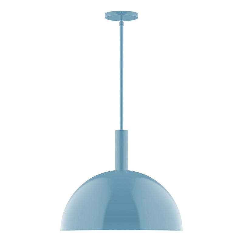 Light blue stem-hung pendant with round dome shade and ceiling canopy