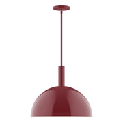 Barn red dome stem-hung pendant light with round ceiling canopy and hanging rod.