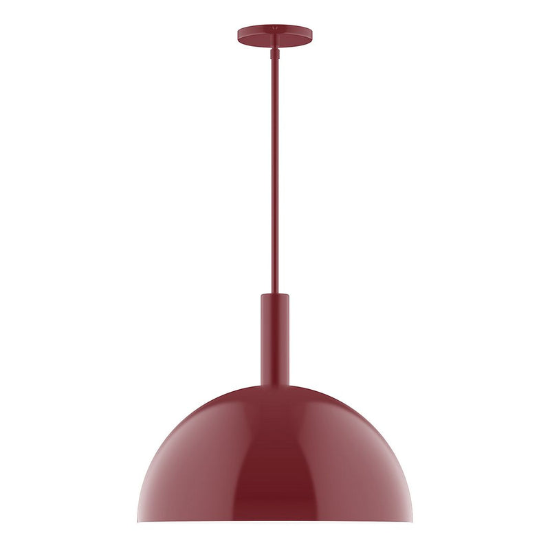Barn red dome stem-hung pendant light with round ceiling canopy and hanging rod.
