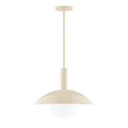 Cream glass globe stem-hung pendant with round ceiling canopy and ribbed neck