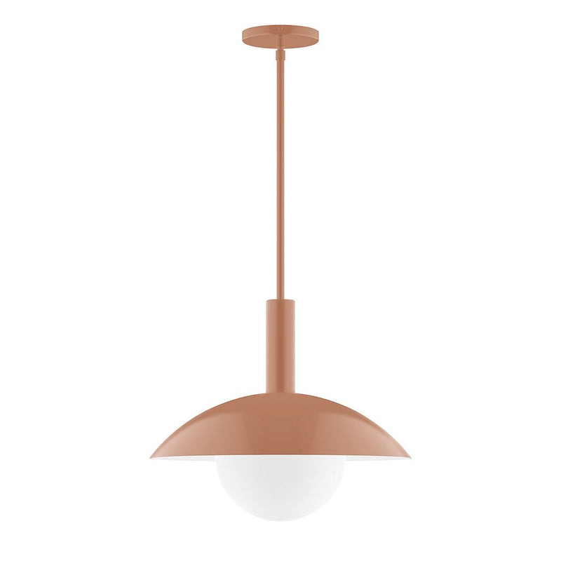 Terracotta stem-hung pendant with frosted glass globe and metal canopy