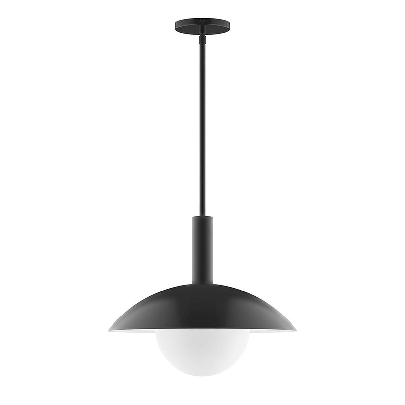 Black stem-hung pendant light with frosted glass globe and round canopy