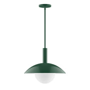 Forest green stem-hung pendant with glass globe and frosted light diffuser
