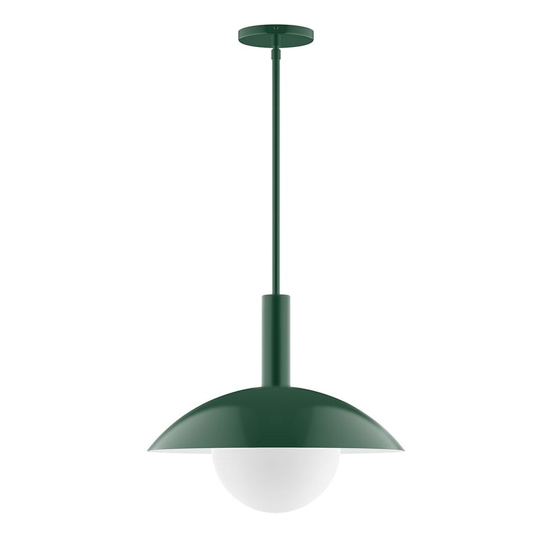 Forest green stem-hung pendant with glass globe and frosted light diffuser