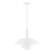 White glass globe stem-hung pendant light with round ceiling canopy