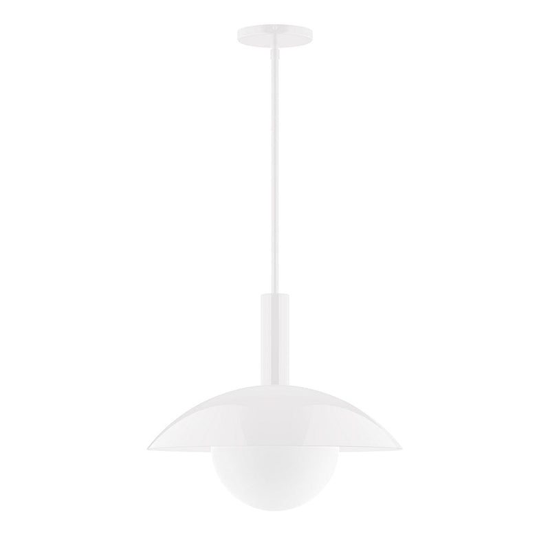 White glass globe stem-hung pendant light with round ceiling canopy