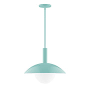 Sea green stem pendant light with frosted glass globe and circular ceiling canopy