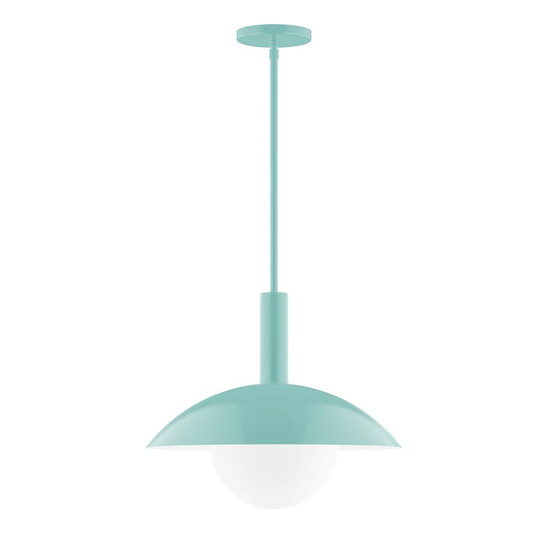 Sea green stem pendant light with frosted glass globe and circular ceiling canopy