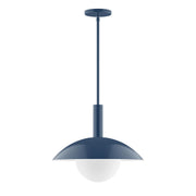 Navy stem-hung pendant light with frosted glass globe and canopy