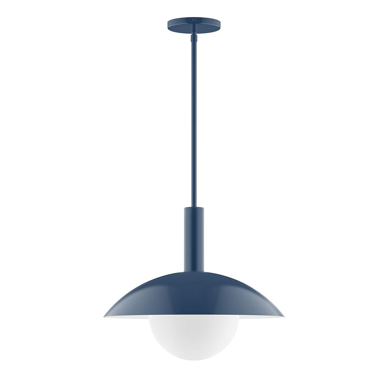 Navy stem-hung pendant light with frosted glass globe and canopy
