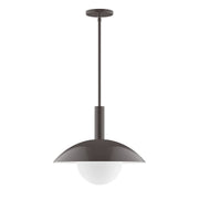 Bronze stem-hung pendant with frosted glass globe and round ceiling canopy.
