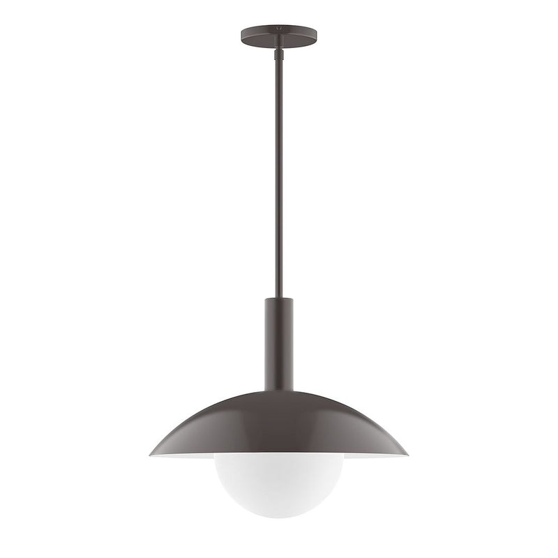 Bronze stem-hung pendant with frosted glass globe and round ceiling canopy.