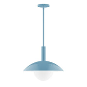 Light blue glass globe stem pendant with metal canopy, 16 in drop