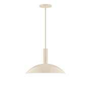 Cream stem-hung pendant light with dome shade and slender hanging cord.