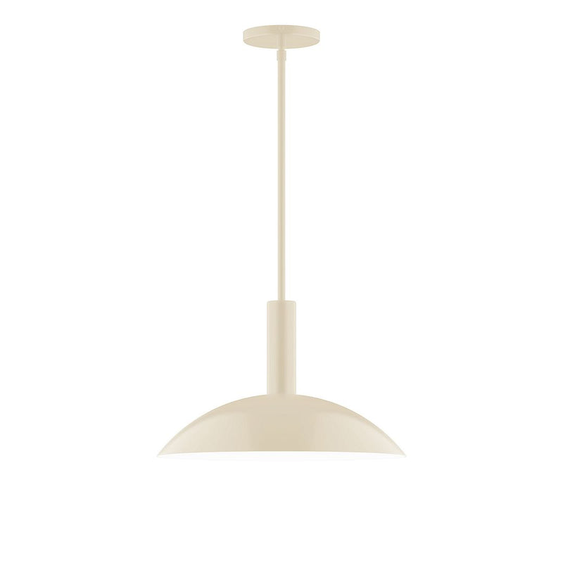 Cream stem-hung pendant light with dome shade and slender hanging cord.