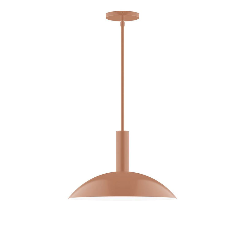 Terracotta LED stem-hung pendant with domed shade and ceiling canopy.