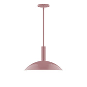 Mauve stem-hung pendant light with wide dome shade and round ceiling canopy