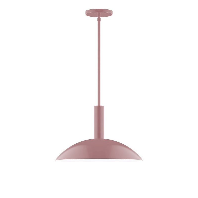 Mauve stem-hung pendant light with wide dome shade and round ceiling canopy