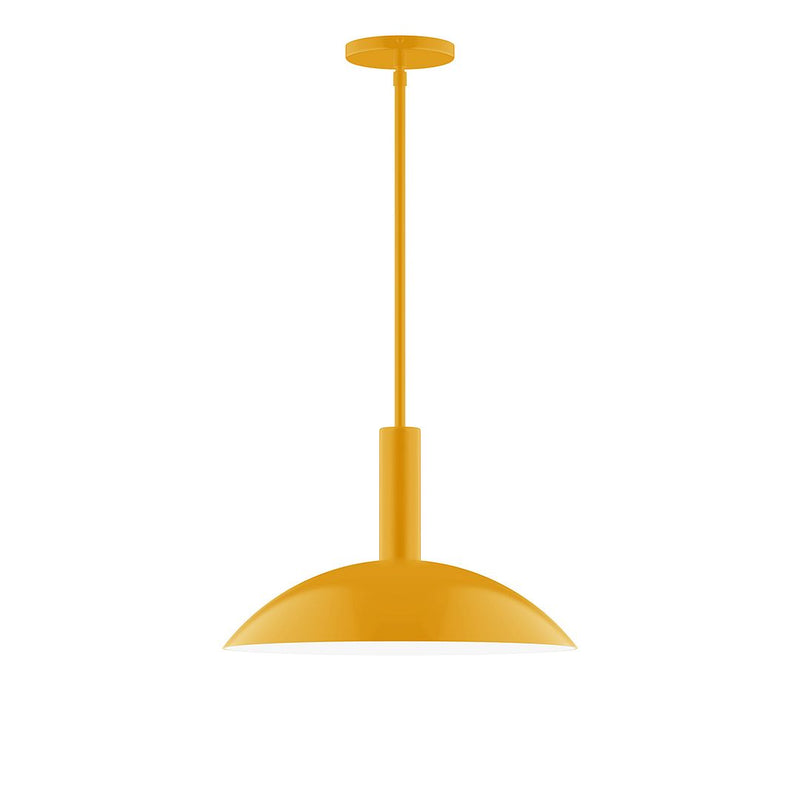 Bright yellow stem-hung pendant with round dome shade and straight hanging stem
