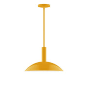 Bright yellow LED stem-hung pendant with domed shade and round ceiling canopy