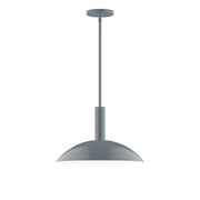 Slate gray stem-hung pendant with wide dome shade and round ceiling canopy.
