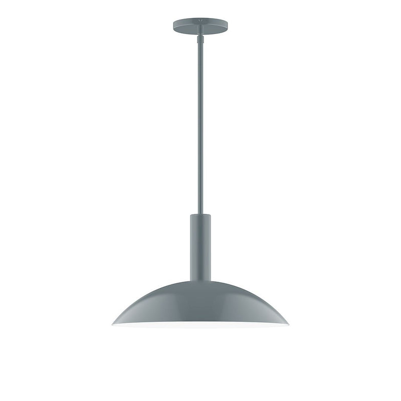 Slate gray stem-hung pendant with wide dome shade and round ceiling canopy.
