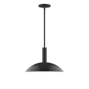Black stem-hung pendant with wide dome shade and straight hanging rod