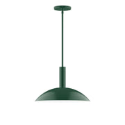 Forest green stem-hung pendant light with wide dome shade and straight cord