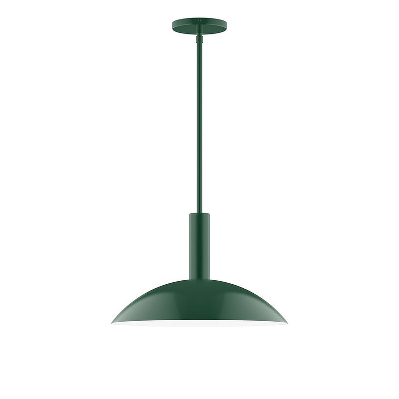 Forest green LED pendant with round canopy, bell shade, and straight hanging stem