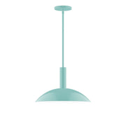 Sea green LED stem-hung pendant with domed shade and round ceiling canopy.