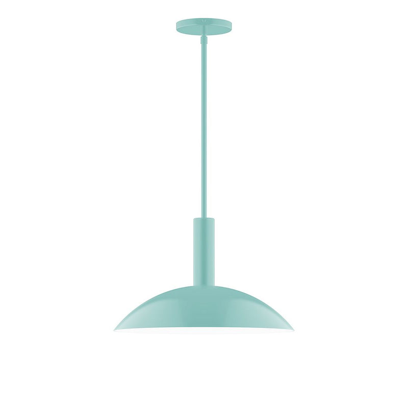 Sea green LED stem-hung pendant with domed shade and round ceiling canopy.