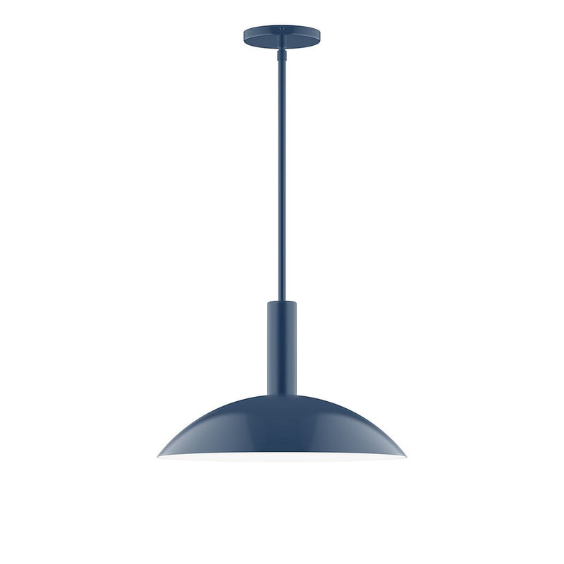 LED stem-hung pendant with navy curved dome shade and downrod