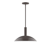 Stem-hung pendant light with dark metal dome shade and straight downrod