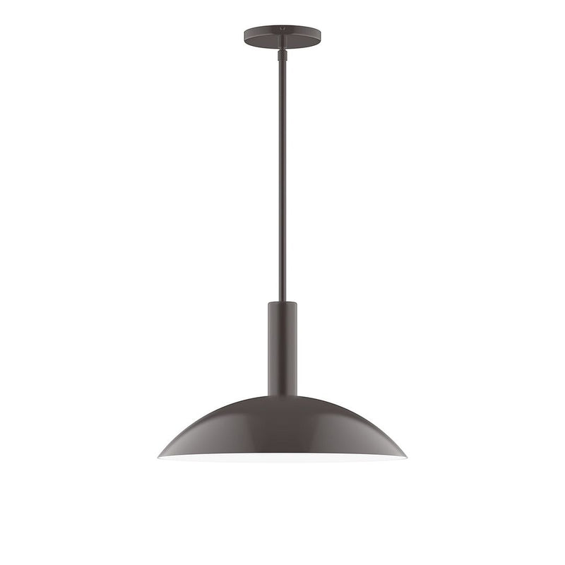 Architectural bronze LED pendant with bell shade and straight stem, round ceiling canopy