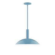 Light blue stem-hung pendant lamp with wide dome shade