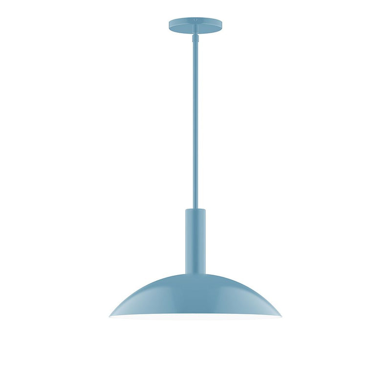 Light blue LED pendant with dome shade and long stem, round ceiling canopy