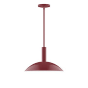 Barn red stem-hung pendant with domed shade and round ceiling canopy