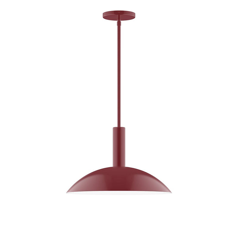 Barn red stem-hung pendant with domed shade and round ceiling canopy