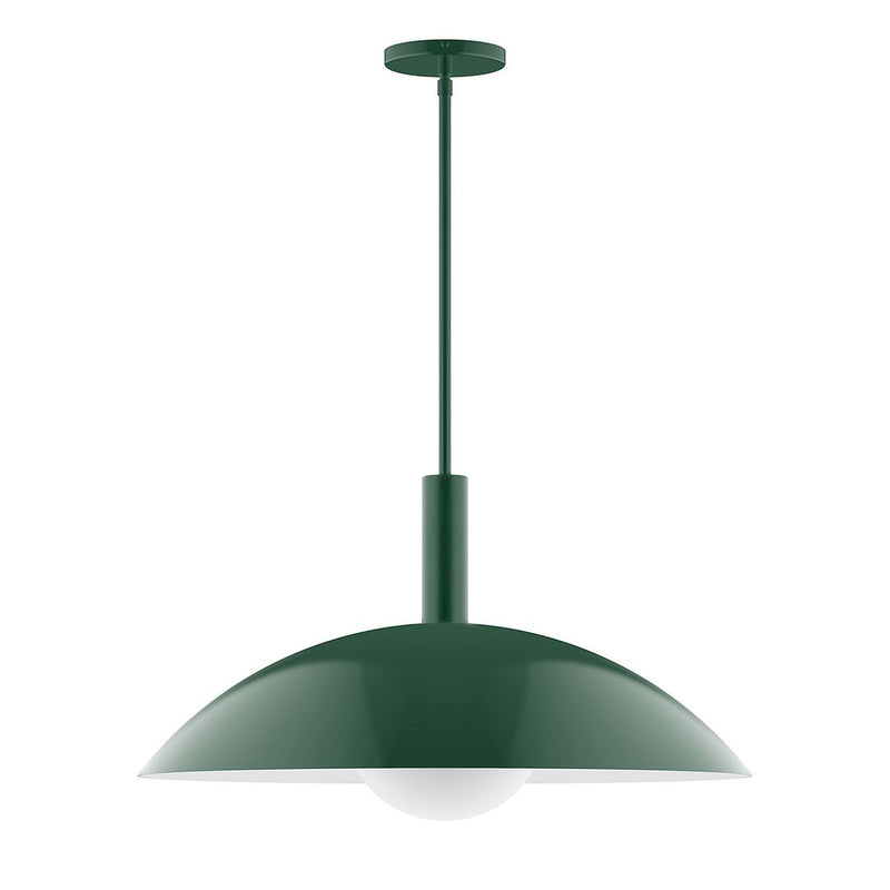 Forest green metal dome pendant with straight stem and round ceiling canopy