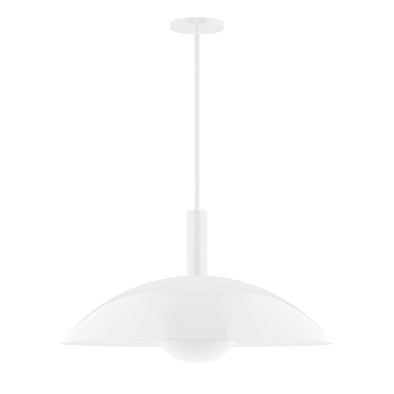 White glass globe pendant light with stem and ceiling canopy